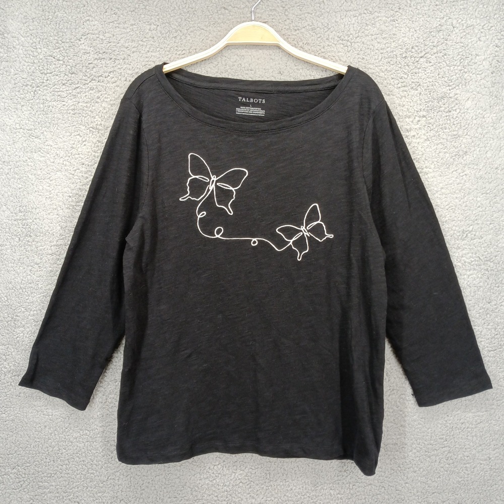 Talbots Women's Large Butterfly Graphic Tee 3/4 Sleeve‎ Cotton Top Casual Black